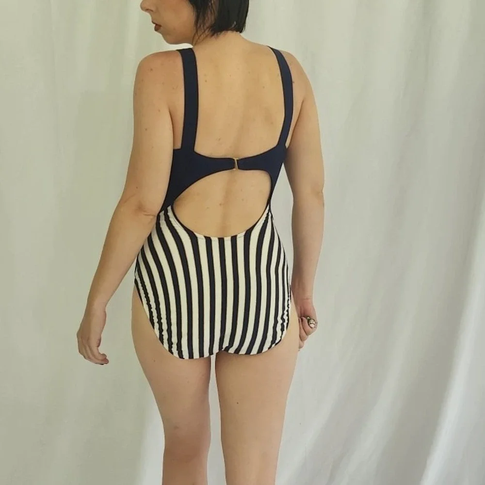90s Deadstock Jantzen White, Navy, and Gold Striped One Piece Swimsuit